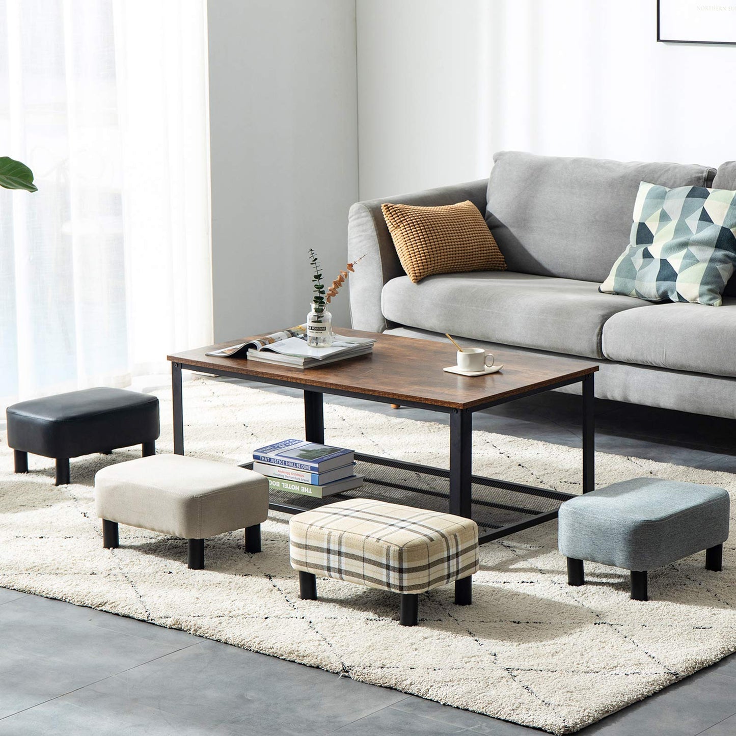 YMYNY 42CM Footstool, Rectangle Ottoman with Stable Wooden Legs, Modern Linen Fabric Footrest, Change Shoes Stool for Living Room