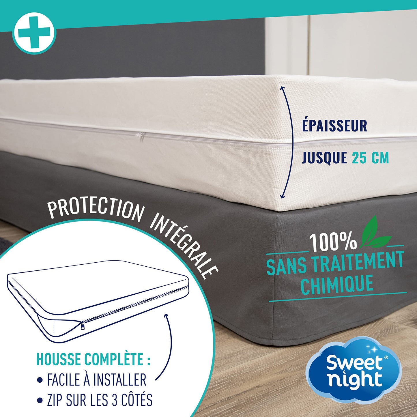 Sweetnight - Full mattress cover 140x190 - 25 cm | Anti-bedbugs and anti-mites | Renove Mattress: Protect Your Mattress Completely | Zipper