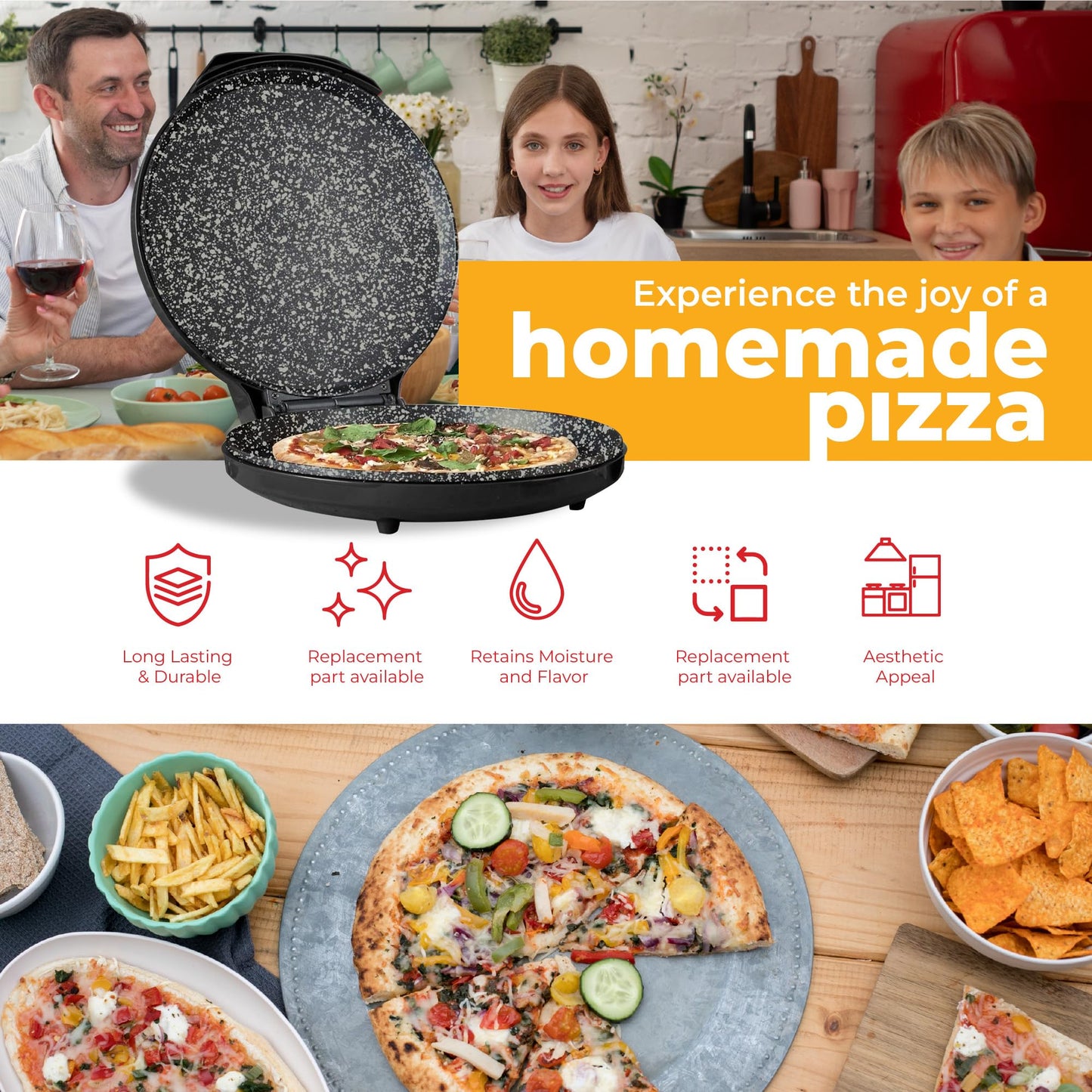 MisterChef Pizza Maker 1450W Ceramic Plates, 12 Inch / 30cm, 2,3 Metal, Free Recipe Book, Black
