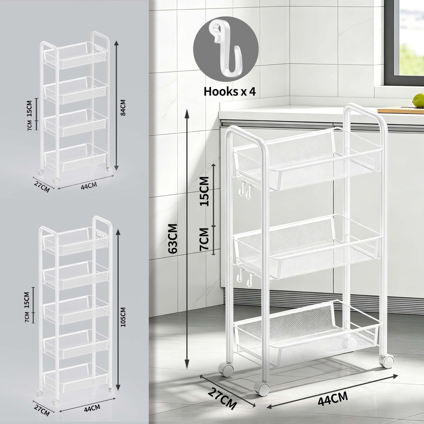 Goeasyoii 3/4/5 Tier Rolling Cart, Metal Storage Cart,Space-Saving Kitchen Cart with Castors,Shelving Organizer for Kitchen, Bathroom, Laundry Room