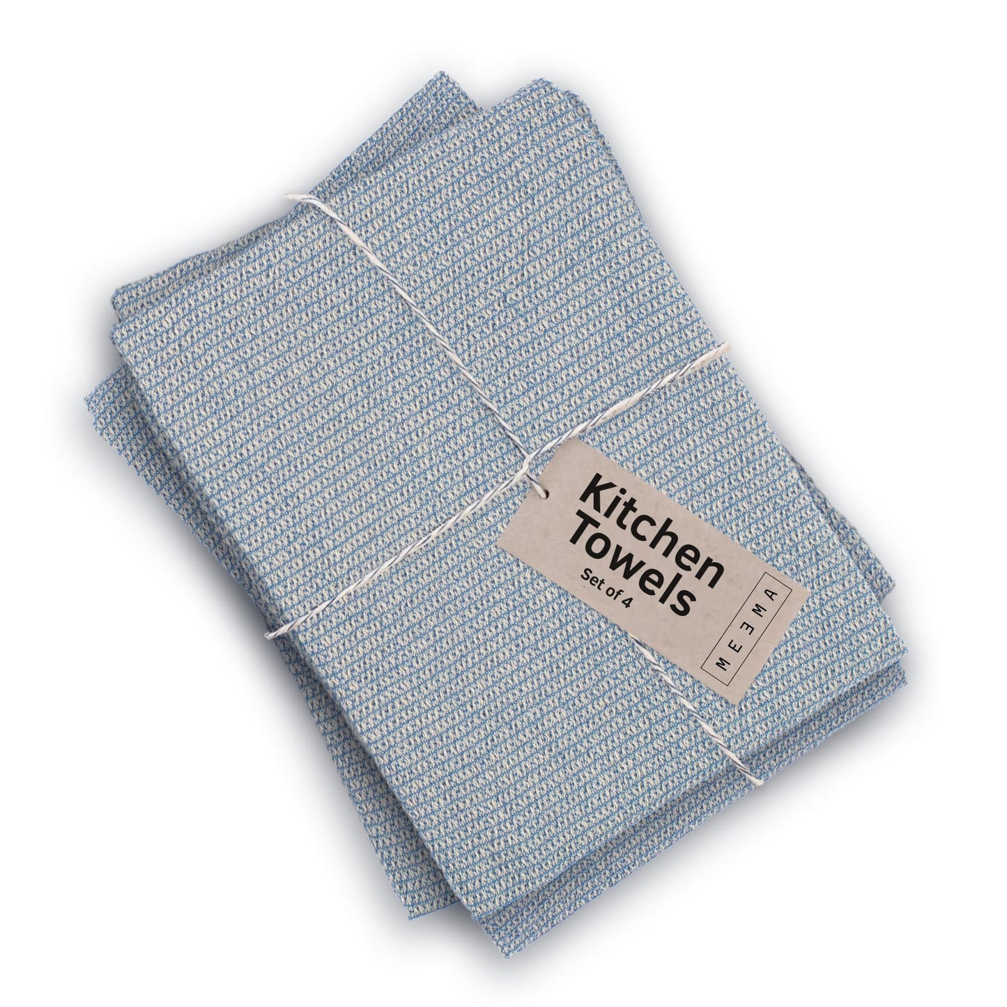 MEEMA Kitchen Towels and Dishcloths Sets of 4 | Large 18 x 28 Inch | Upcycled Cotton Tea Towels for Kitchen | Super Absorbent | Blue | Hand Towels