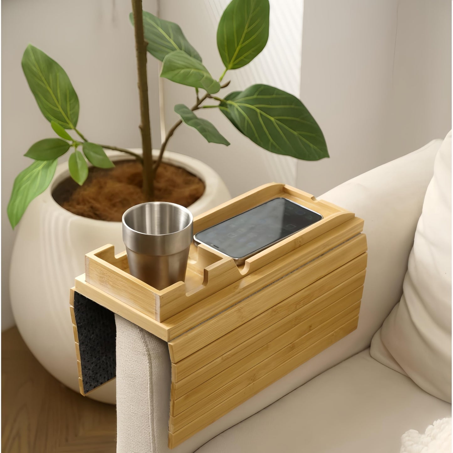 Uwenkjie Natural bamboo sofa armrest tray, three in one pull-out and detachable sofa cup holder, armrest table with anti slip pad