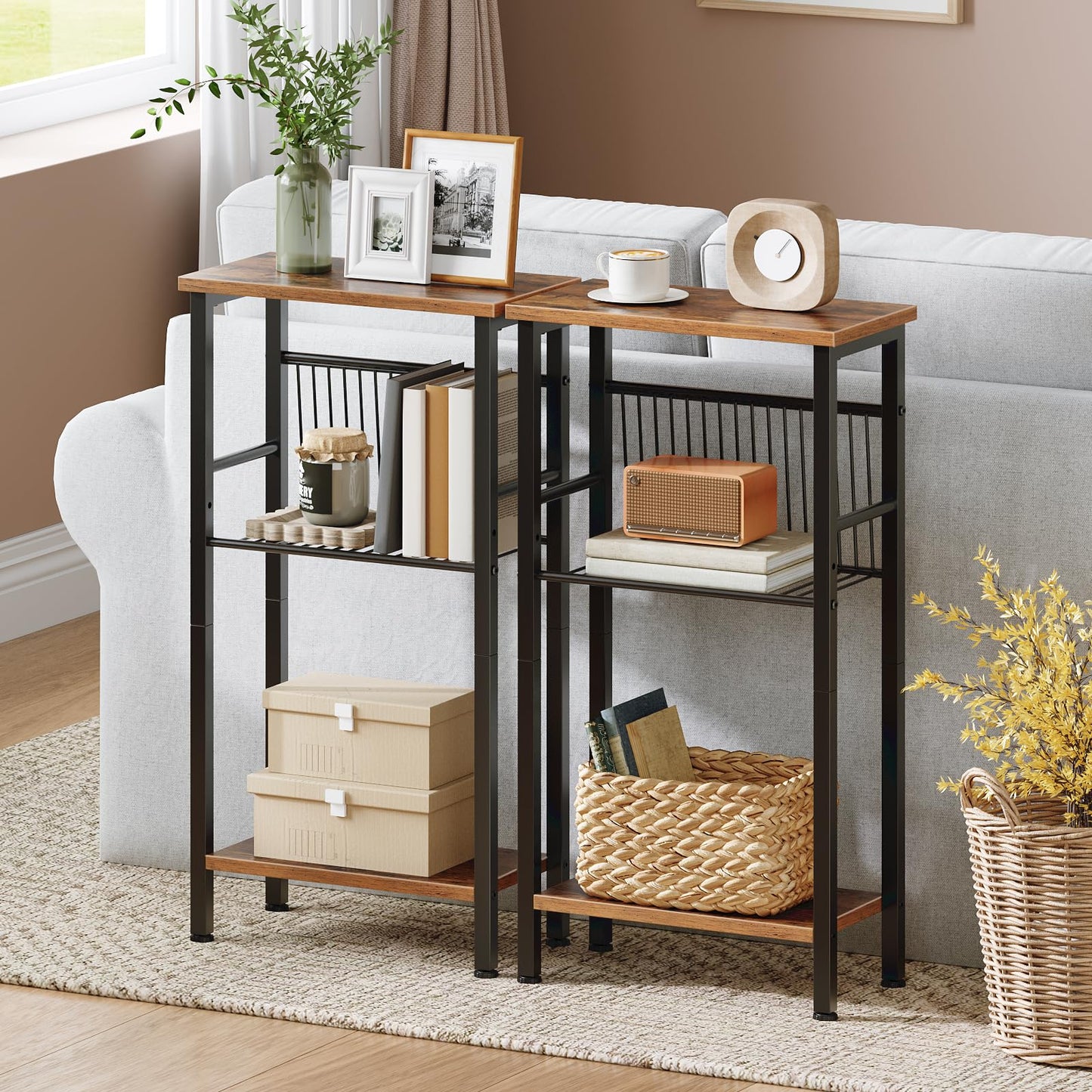 HOOBRO 3-Tier Slim Console Table with Adjustable Mesh Shelf, Slim Hallway Table with Adjustable Feet, Small Console Table for Hallway, Living Room