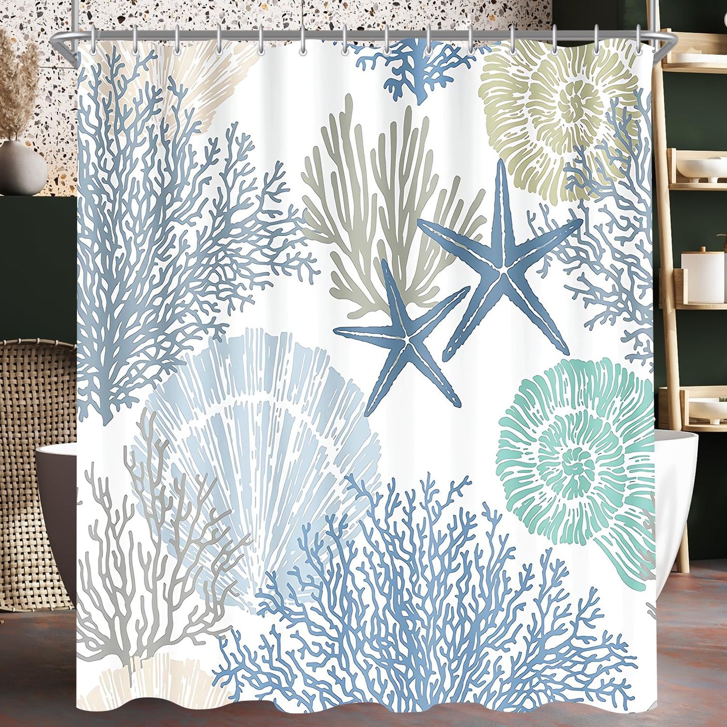 Lerores Shower Curtain 120 x 200 cm, Underwater Algae Anti-Mould Textile, Weighted Hem, Water-Repellent, Washable Polyester Bath Curtains with 8