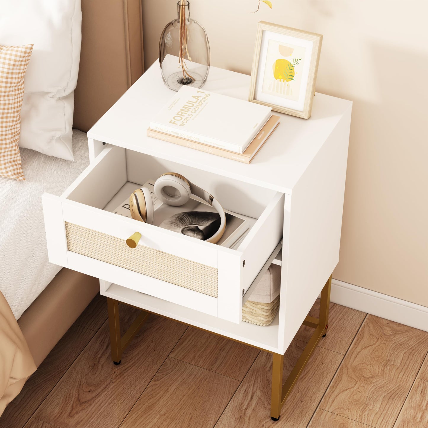 JERX Rattan Bedside Table, Farmhouse Wood Nightstand with Storage Drawer and Open Shelf Small Bedside Cabinet for Bedroom,Living Room,Office White