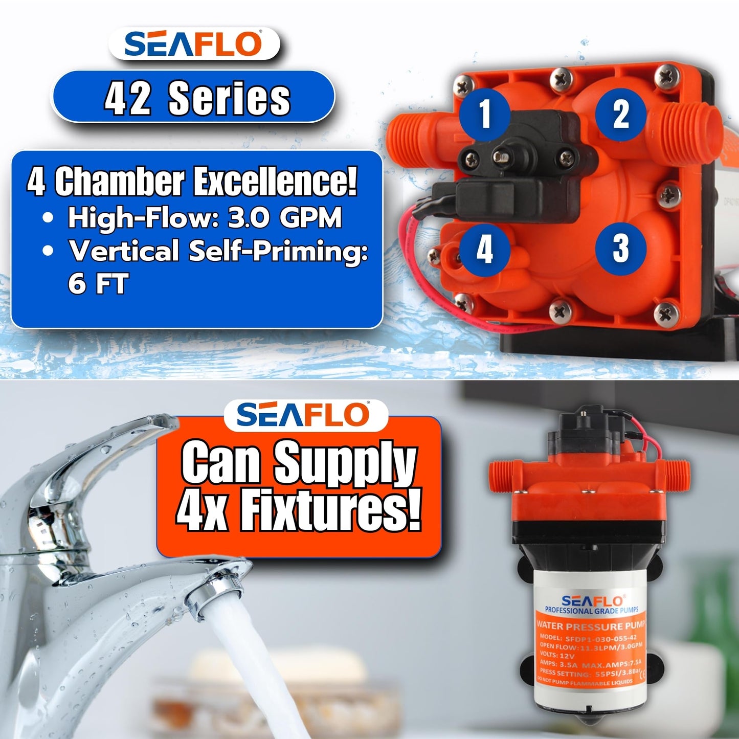 Seaflo 42 Series Diaphragm Pump with Bypass for Reduced Cycling 12V/24V 3.0GPM 55PSI (12 Volts)