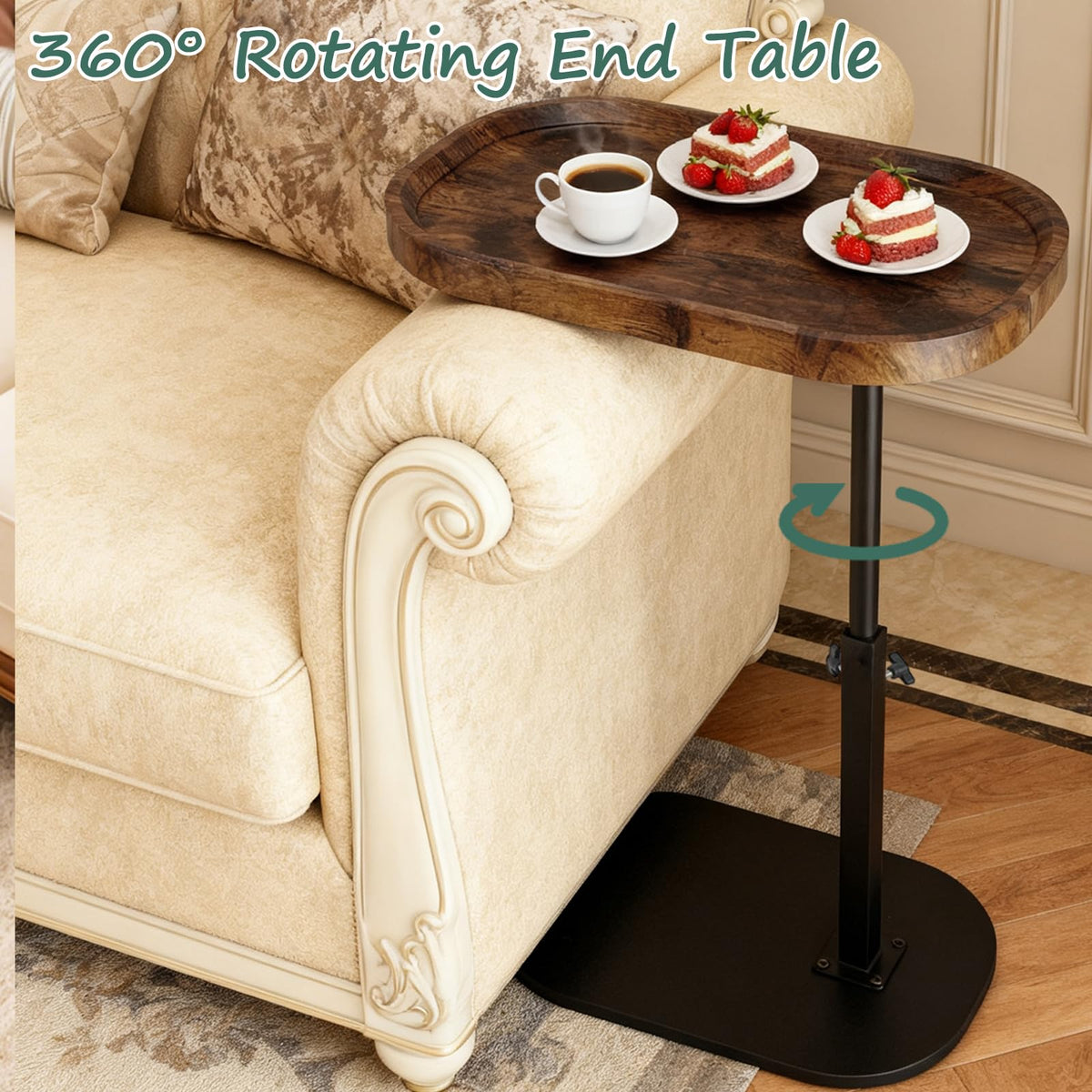 YYW Adjustable C Shaped Side Table, 360° Swivel Sofa Table, Vintage Brown