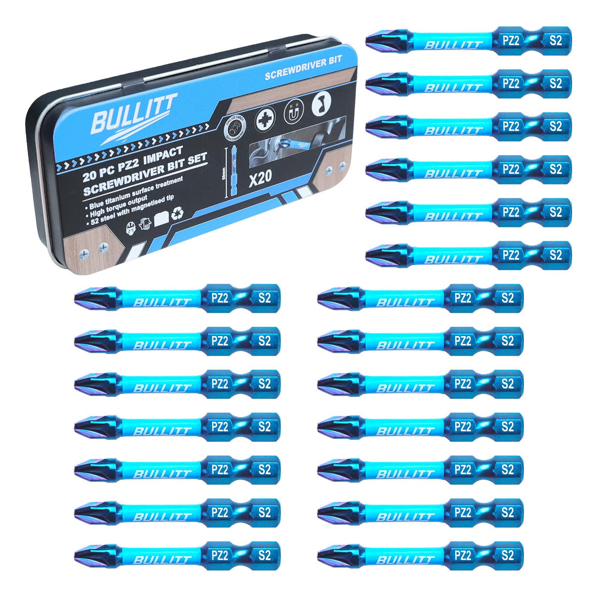 BULLITT Screwdriver Bits Set,20 Pcs 50mm PZ2 Impact Screwdriver Bits with 1/4" Hex Shank, Single Ended Impact Driver Bits PoziDriv No.2 Heavy Duty,S2