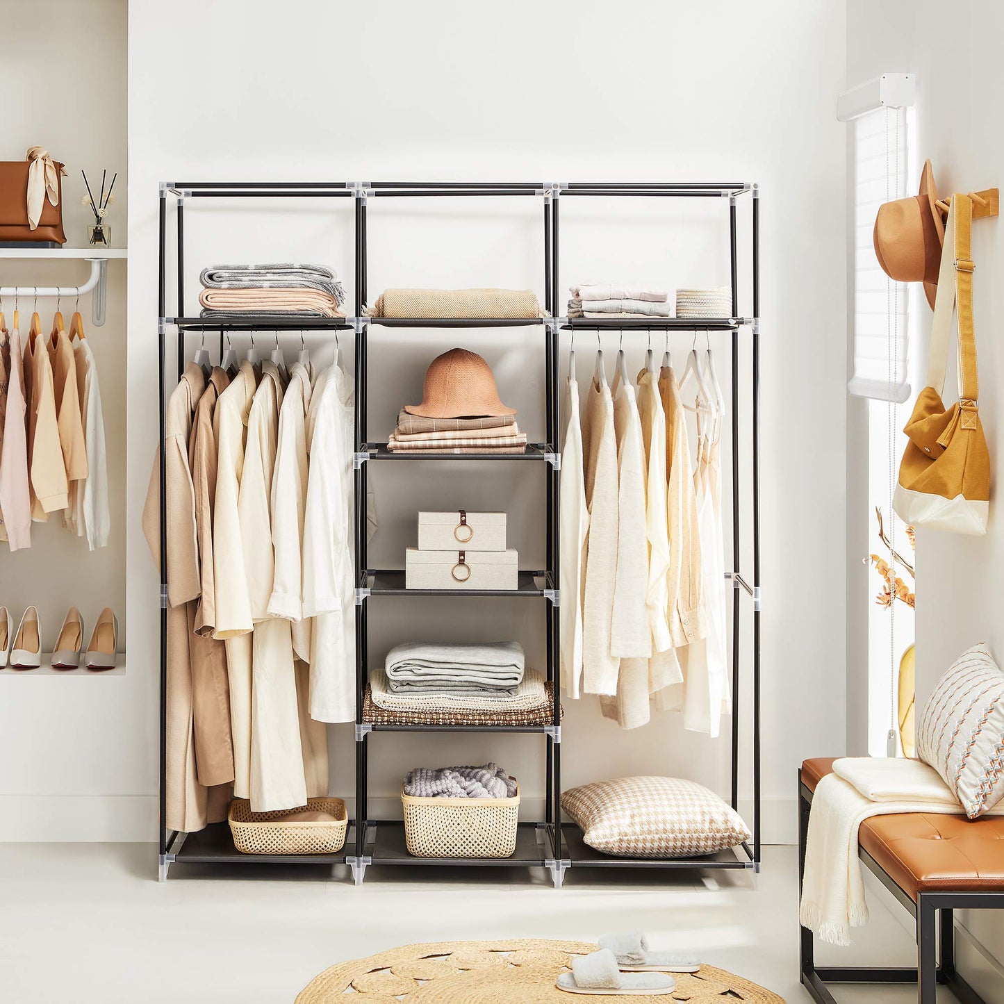 SONGMICS RYG12B Folding Wardrobe, Fabric Cabinet, Foldable Coat Rack with 2 Clothes Rails, 175 x 150 x 45 cm, Black, Canvas