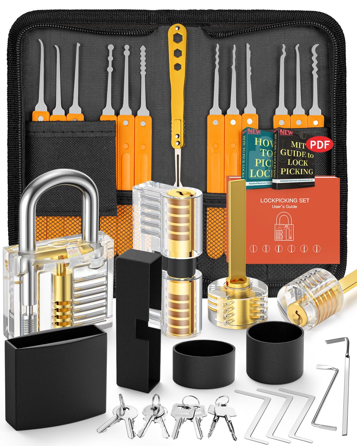 Eventronic Lock Picking Kit, 36-Piece Lock Pick Set with 4 Transparent Training Locks and Manual and Zip Case for Lockpicking, Extractor Tool for