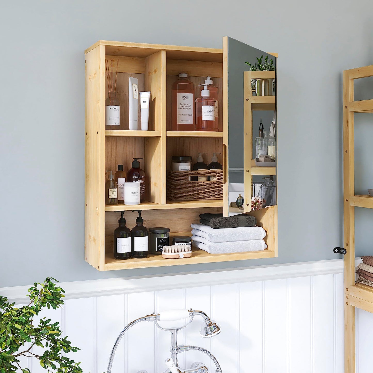 SMIBUY Bathroom Mirror Cabinet Wall Mounted, Bamboo Space Saver Medicine Cabinet, Wall Hanging Over Toilet Storage Cabinet with Mirror Door and