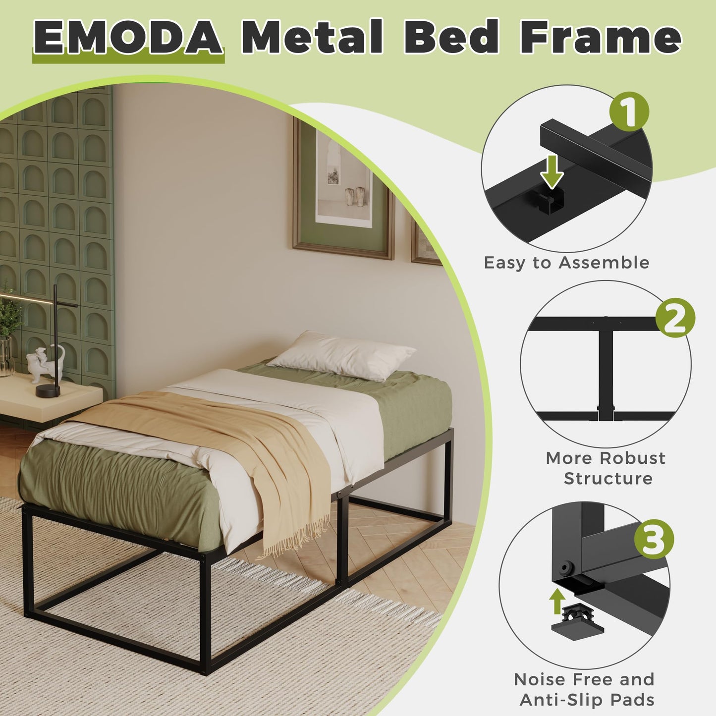 EMODA Small Single Bed Frame 75x190 cm with Sturdy Slats Support, Black