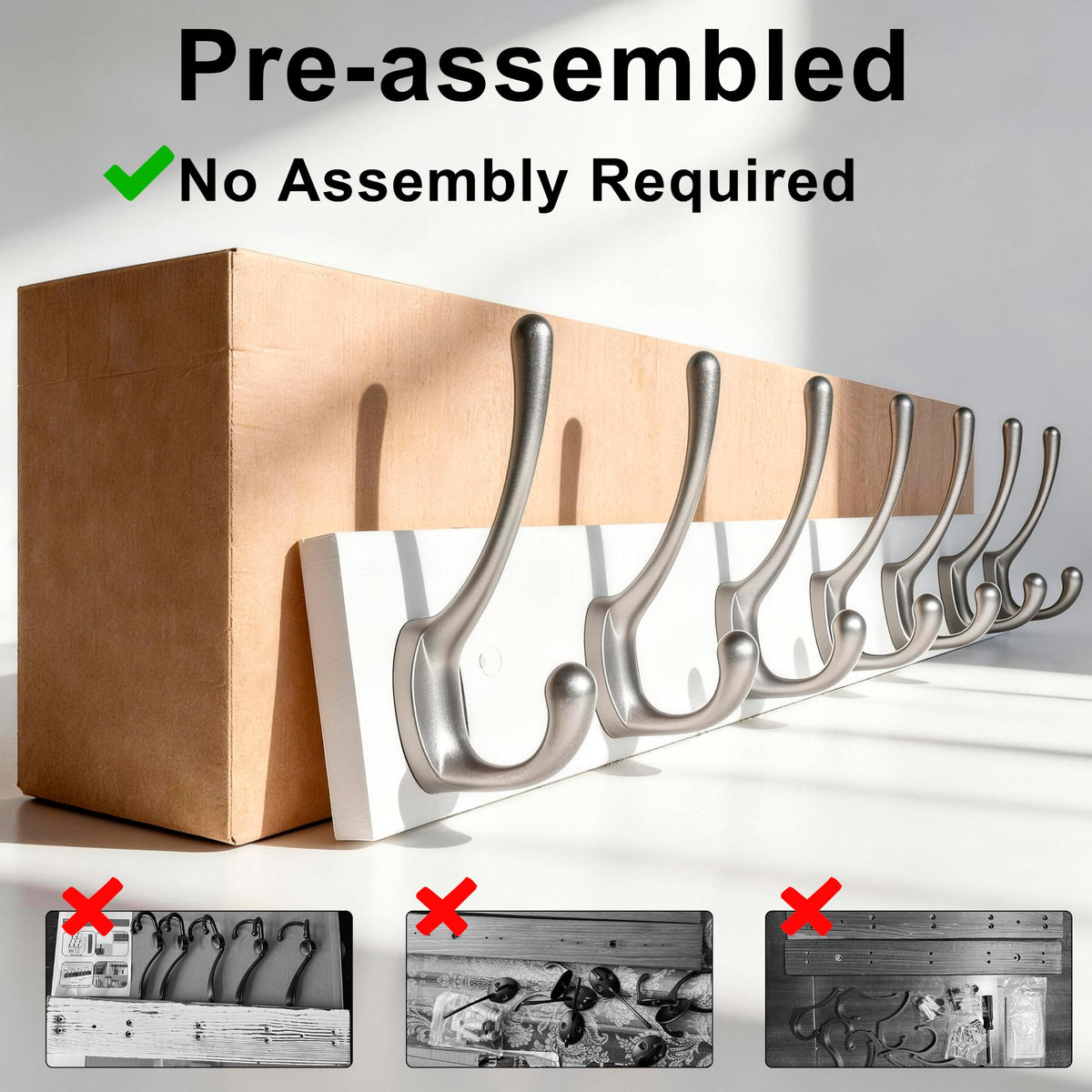 HONSKY Wall Coat Rack - 7 Double Hooks (50cm) | Wooden & Metal Towel/Coat Hanger for Entryway, Bathroom, Bedroom, Garage | Easy Install