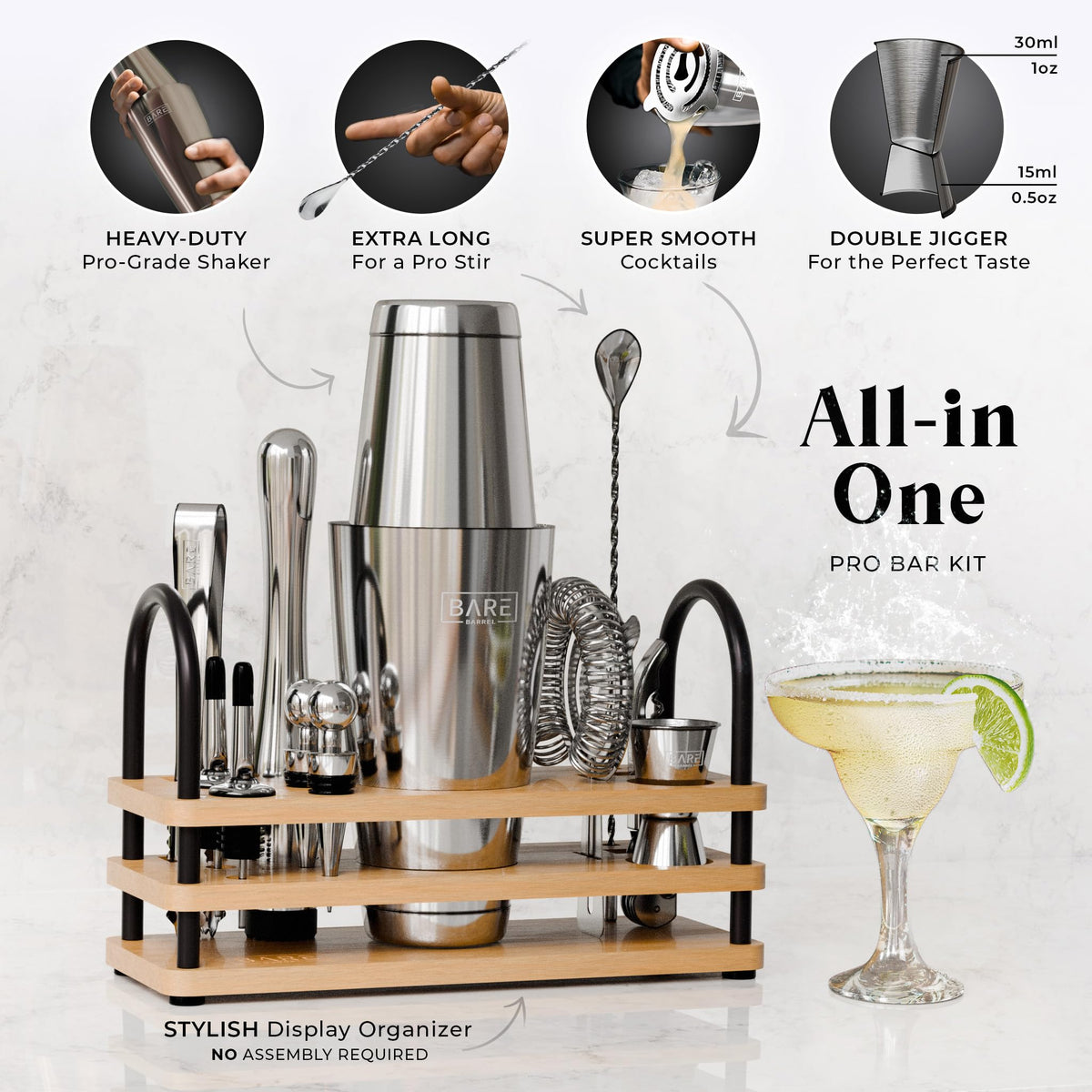 BARE BARREL Cocktail Making Kit | 14-Piece Bartender Kit Cocktail Shaker Set Maker | Display Stand & 35 Recipe Cards | Mixology Cocktail Gift Set
