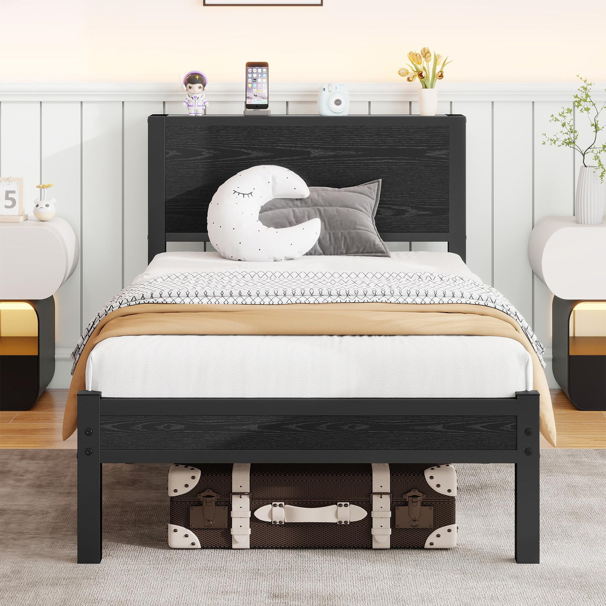 Rustic Single Bed Frame Wooden Storage Headboard Heavy Metal Base,Black
