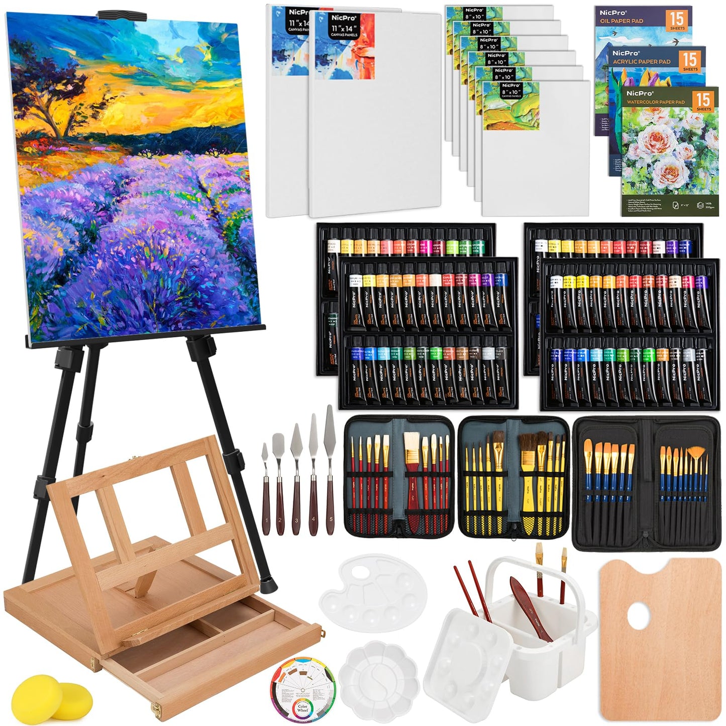 Nicpro 158PCS Deluxe Large Painting Kit with Metal and Solid Beech Wood Easel, Acrylic, Oil & Watercolour Paint Set, Paint Brushes, Canvases, Palette,
