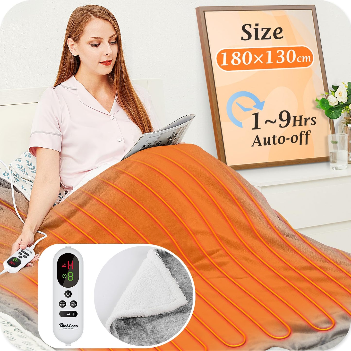 Mia&Coco Electric Heated Blanket Throw Flannel Sherpa Fast Heating 180x130cm, 10 Heat Levels & Up-to-9-Hours Auto-Off Timer & LED Display, for Home