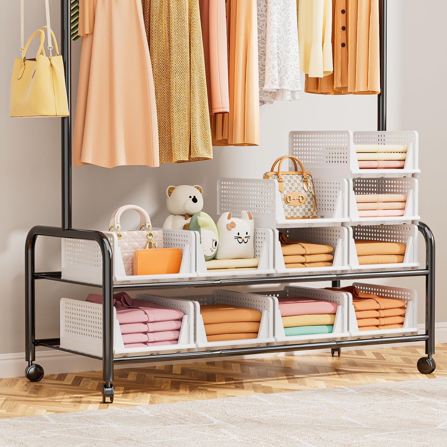 Neprock Wardrobe Storage Organiser - 4 Pack Stackable Storage Drawers for Inside Wardrobe Shelves, Plastic Closet Organiser Drawer