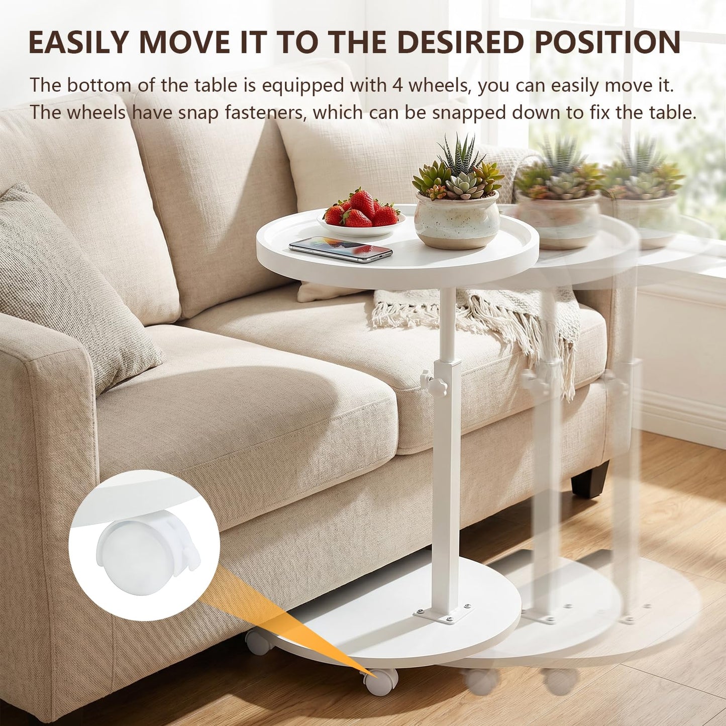 OUAYEMEL Side Table Adjustable Height, 360°Swivel End/Bedside Tables with Wheels for Sofa Bedroom Office Living Room, Coffee Tables for Small Spaces