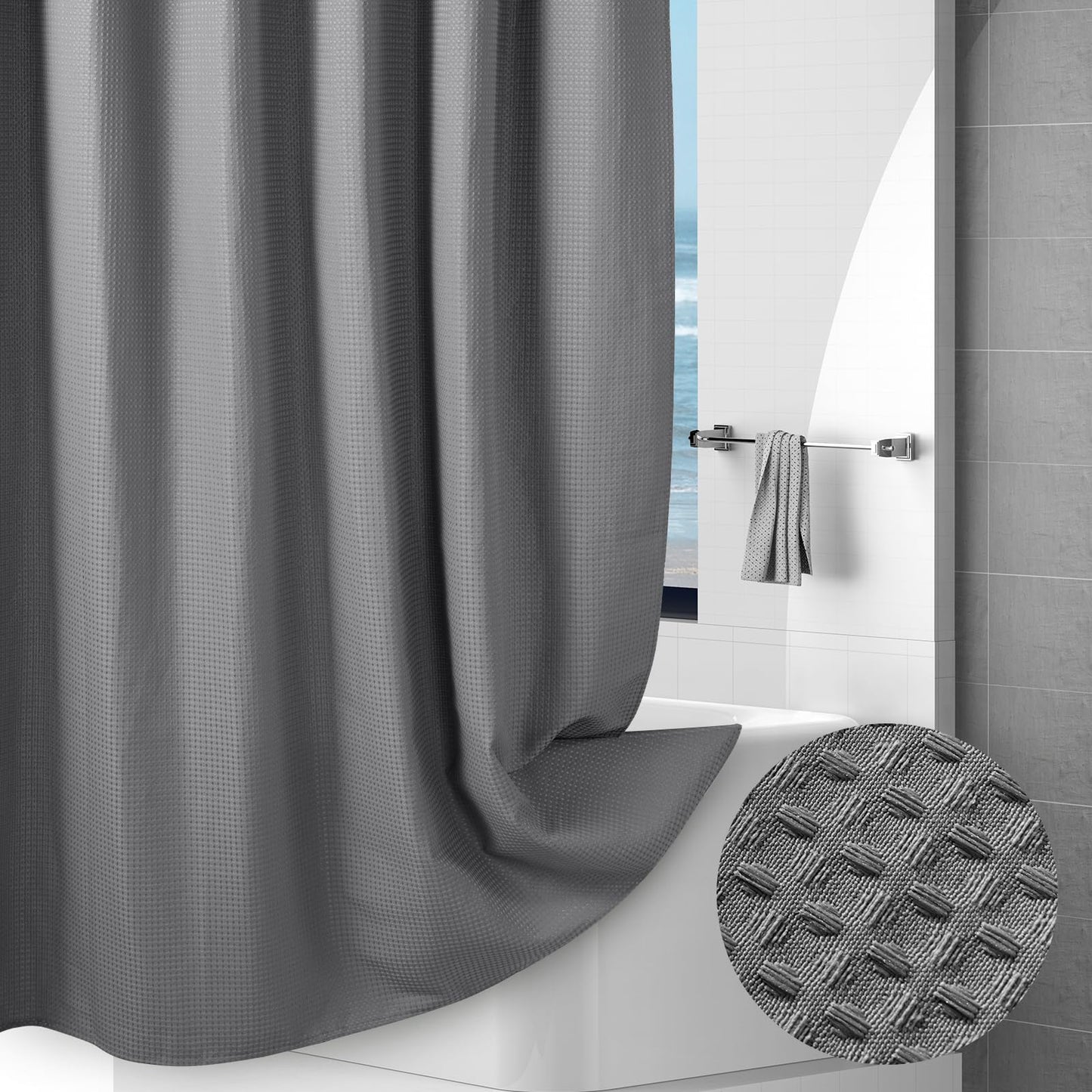 Hotel-Quality Grey Waffle Shower Curtain, Water Repellent Bath Curtain Prevents Water Escaping, 256GSM Thick Heavy Duty Fabric Texture Wet Room Shower