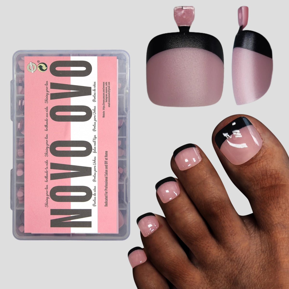 NOVO OVO Halloween Black French Tip Toe Nail Tips Press on, Soft Gel Toenail Extension, BERRY PINK Square Round Pre-applied Tip Primer & Base Coat,