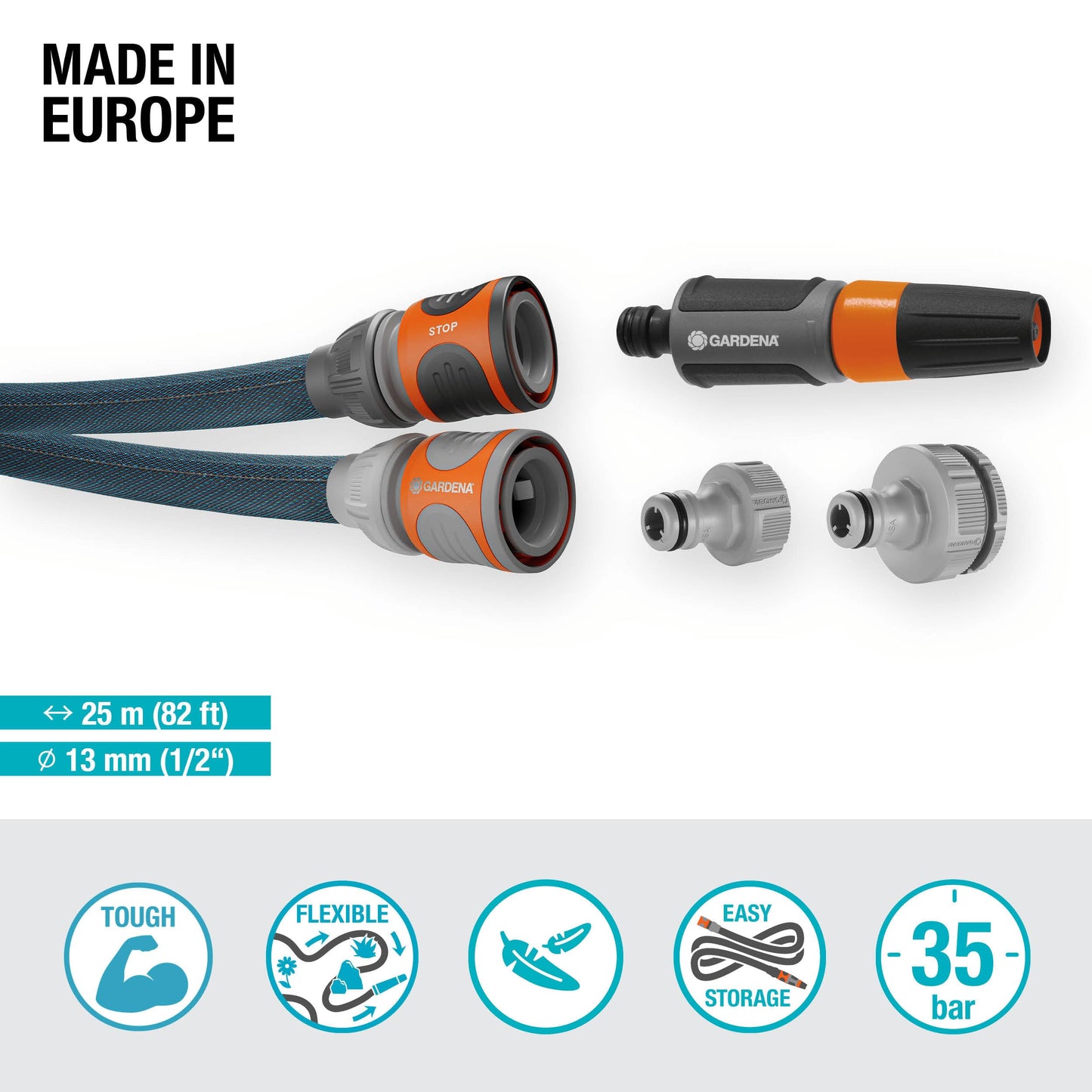 Gardena Liano Xtreme 1/2 inch, 25m set: Extremely robust textile garden hose, for indoor water taps, with PVC inner tube, lightweight,