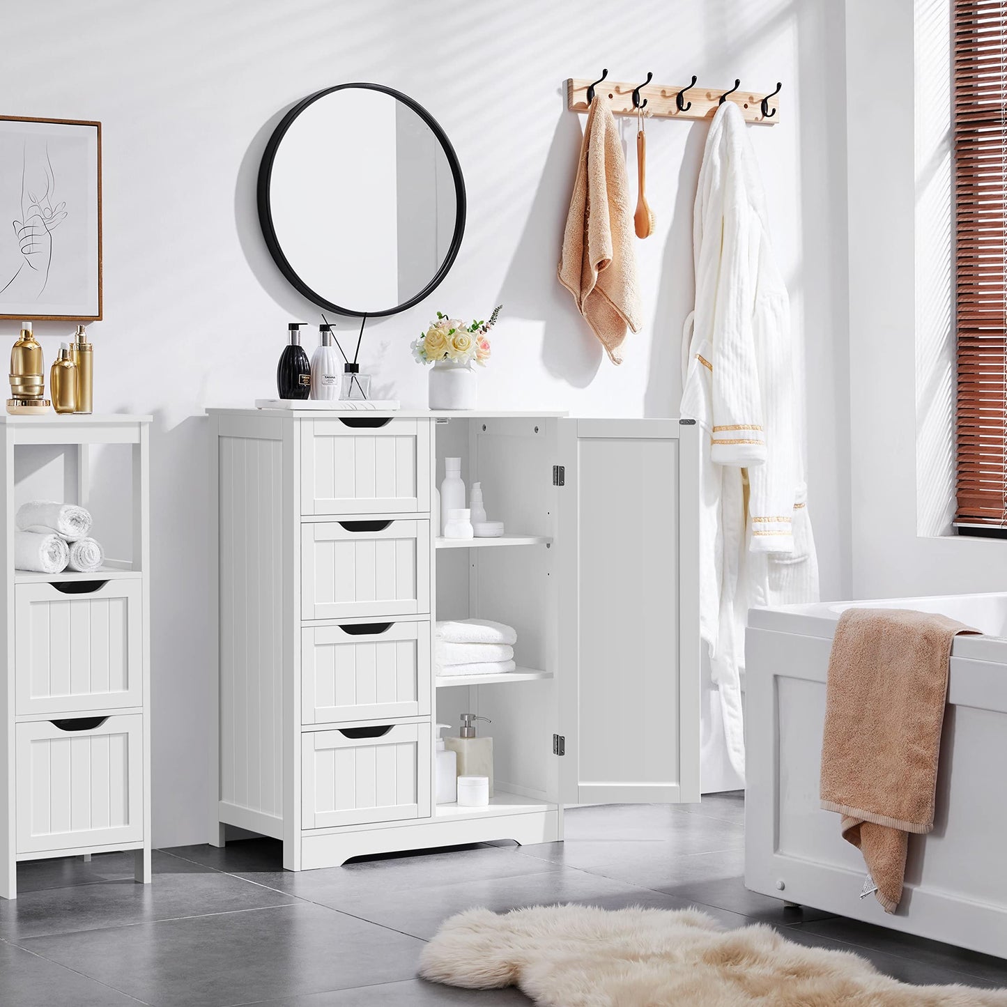 Yaheetech Large Bathroom Cabinet with 4 Drawers & Door, Adjustable Shelf
