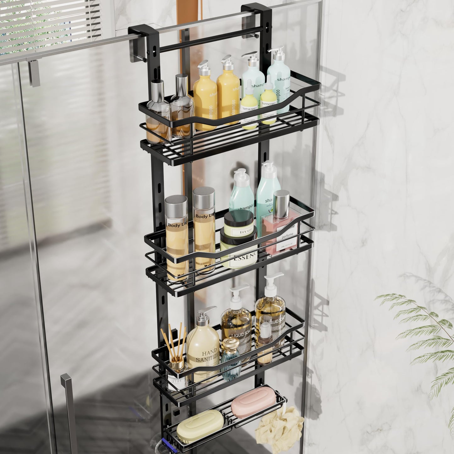 SWTYMIKI Over the Door Shower Caddy - 4 Tier Adjustable Shower Organiser Hanging with Hooks and Soap Holder, No Drilling Rust Proof Bathroom Hanging