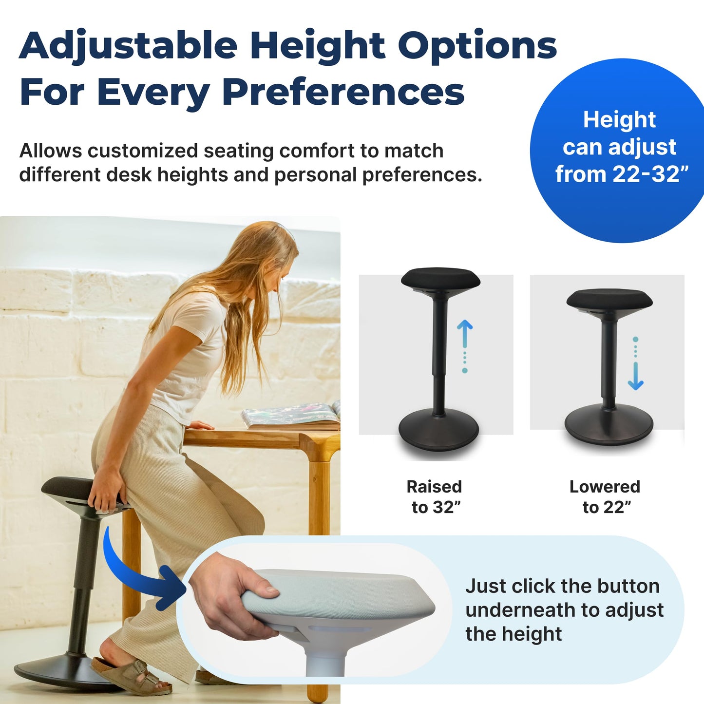 Backerz Ergonomic Desk Stool for Office – Height Adjustable Wobble Stool 55-80 cm