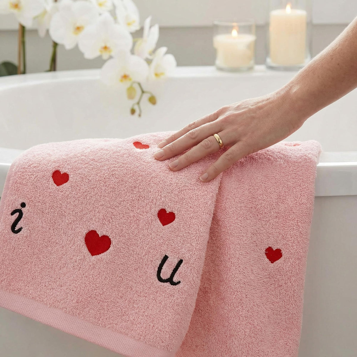 HMETOL Valentine's Day Cotton Letter Heart Love Pattern Hand Towels