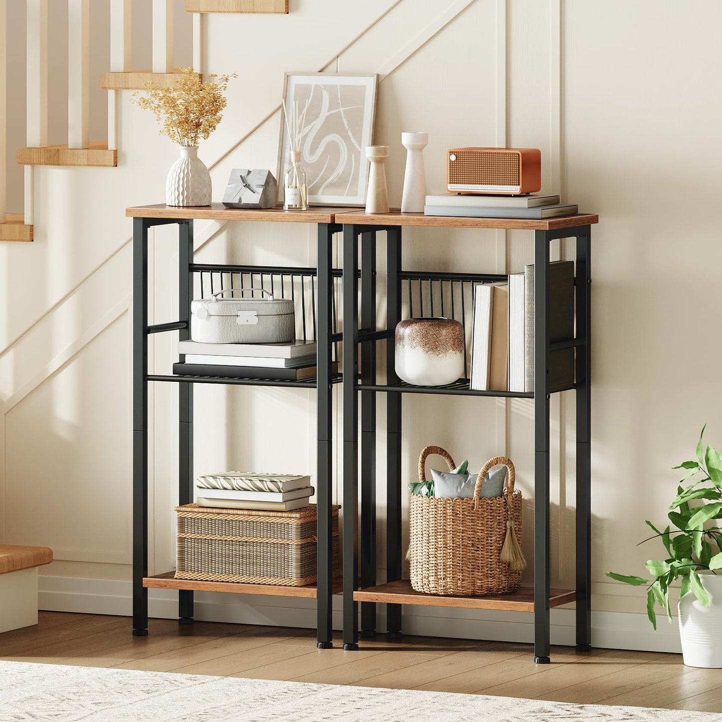 HOOBRO 3-Tier Slim Console Table with Adjustable Mesh Shelf, Slim Hallway Table with Adjustable Feet, Small Console Table for Hallway, Living Room