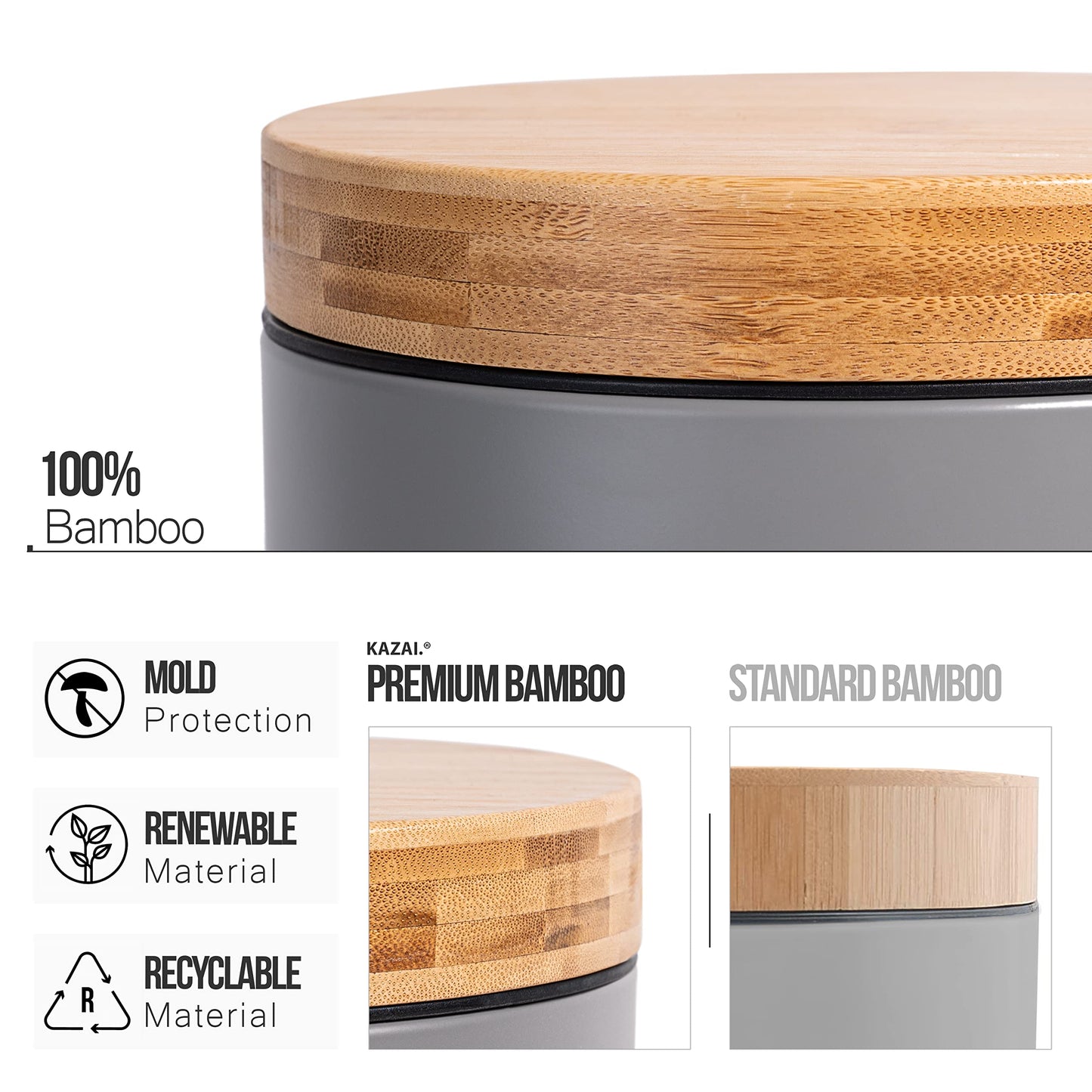 Kazai. 5L Designer Bathroom Bin | Superior Bamboo | Soft Closing | Anti-Finger | Grey