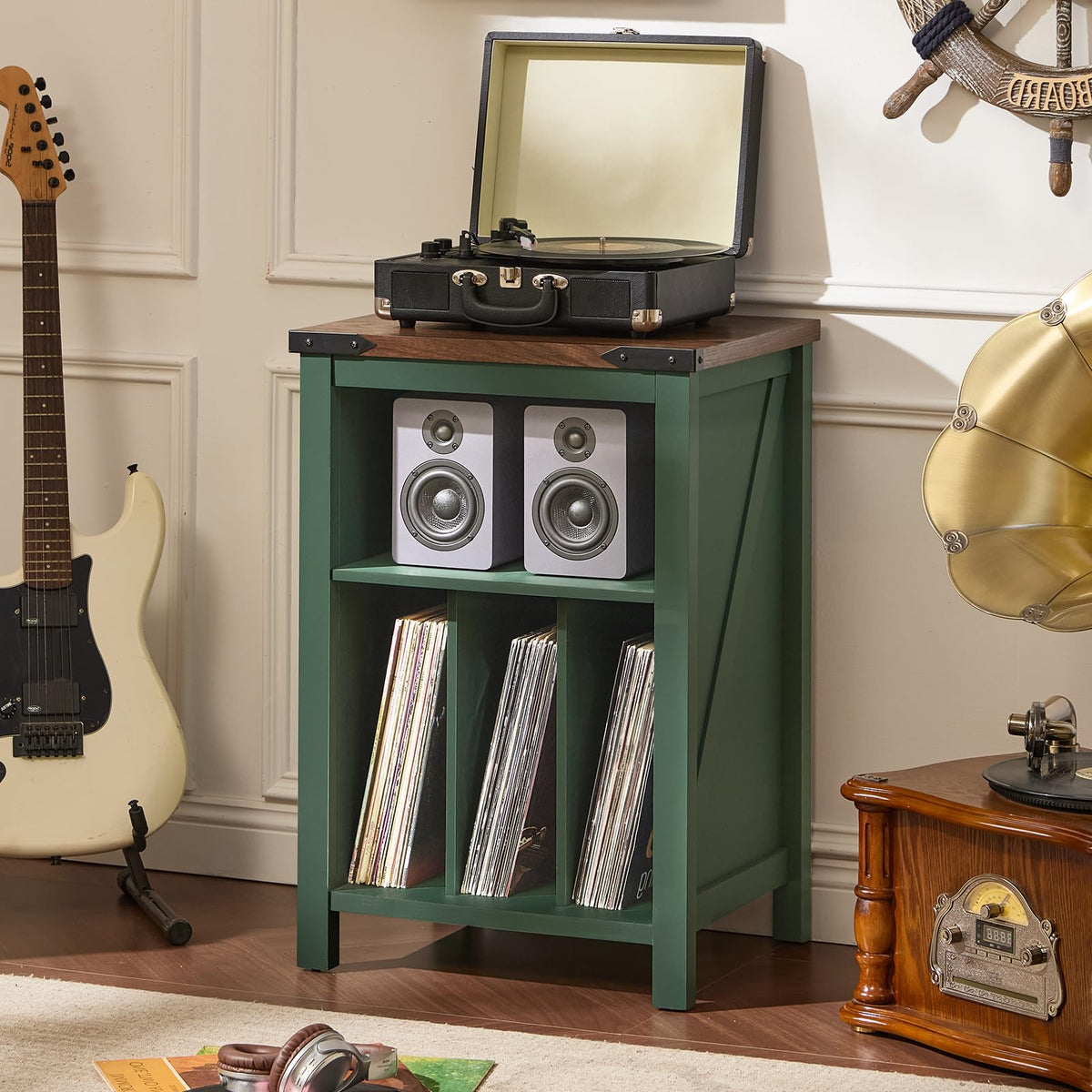 LELELINKY Record Player Stand with Vinyl Record Storage, Green