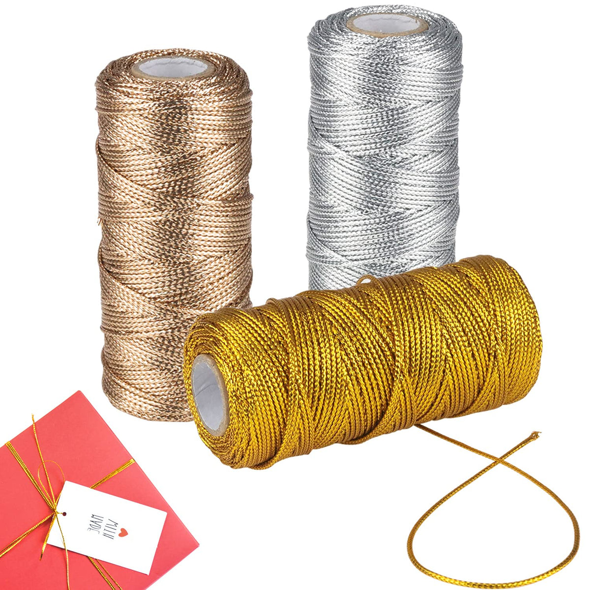 ZDNT 3 Rolls Gold Twine String Metallic String Gold Cord Metallic Tinsel Cord Thread for 100 m Thread Cord 1.5 mm Wide for Gift Wrap Decoration Crafts