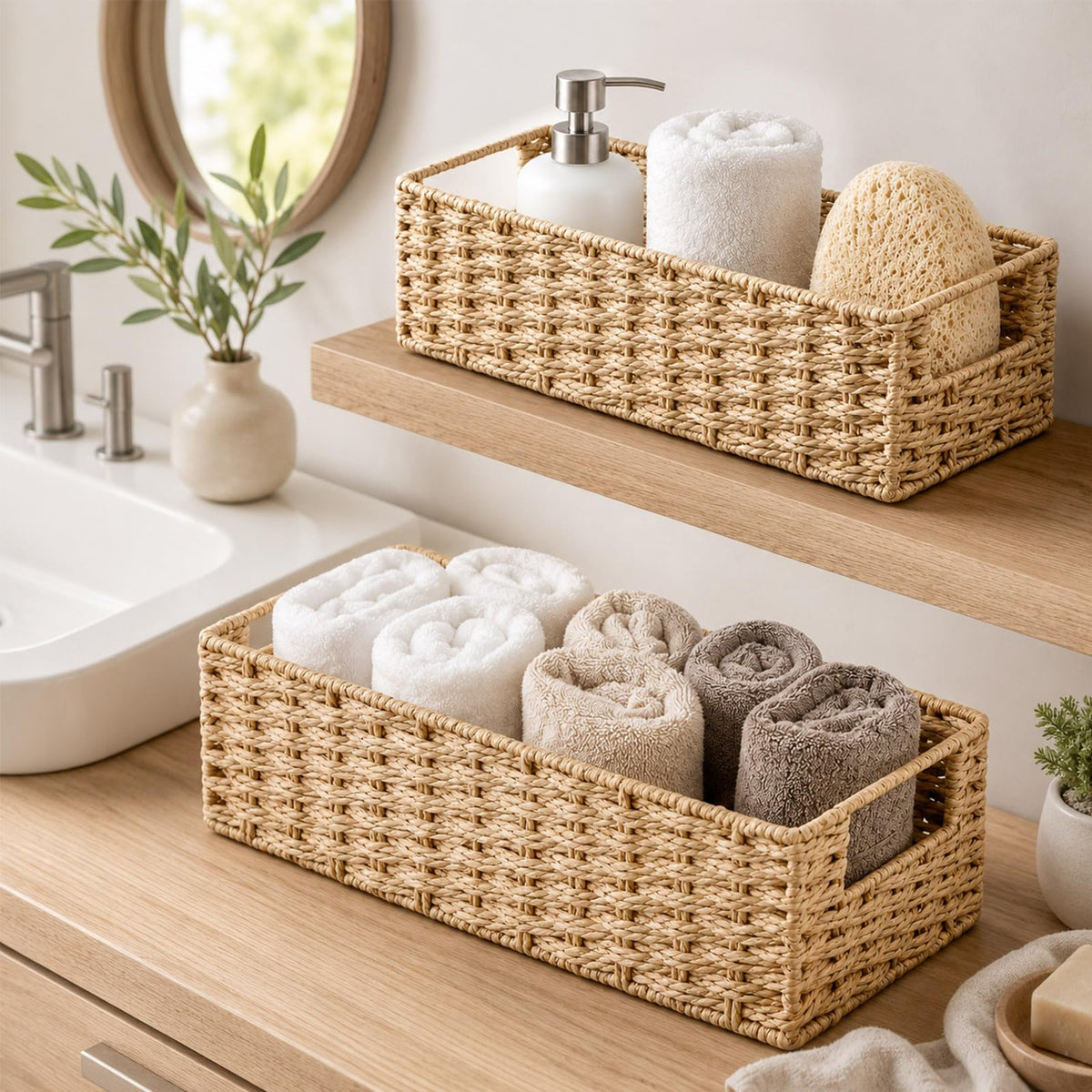 Wicker Bathroom Storage Baskets Set of 2 Seagrass Woven Organizer