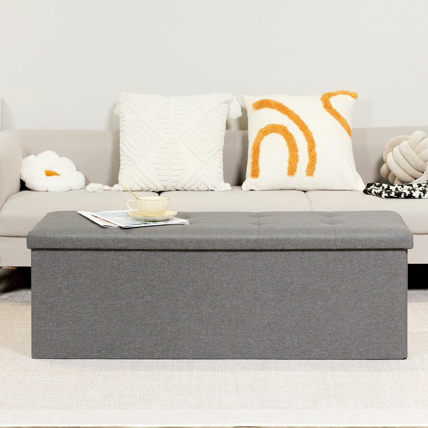 Bonlife 110x38x38cm Grey Extra Large Ottoman Storage Box with Lid,Folding Toy Chest Boxes Bedroom End of Bed Storage Bench Footstools for Living Room