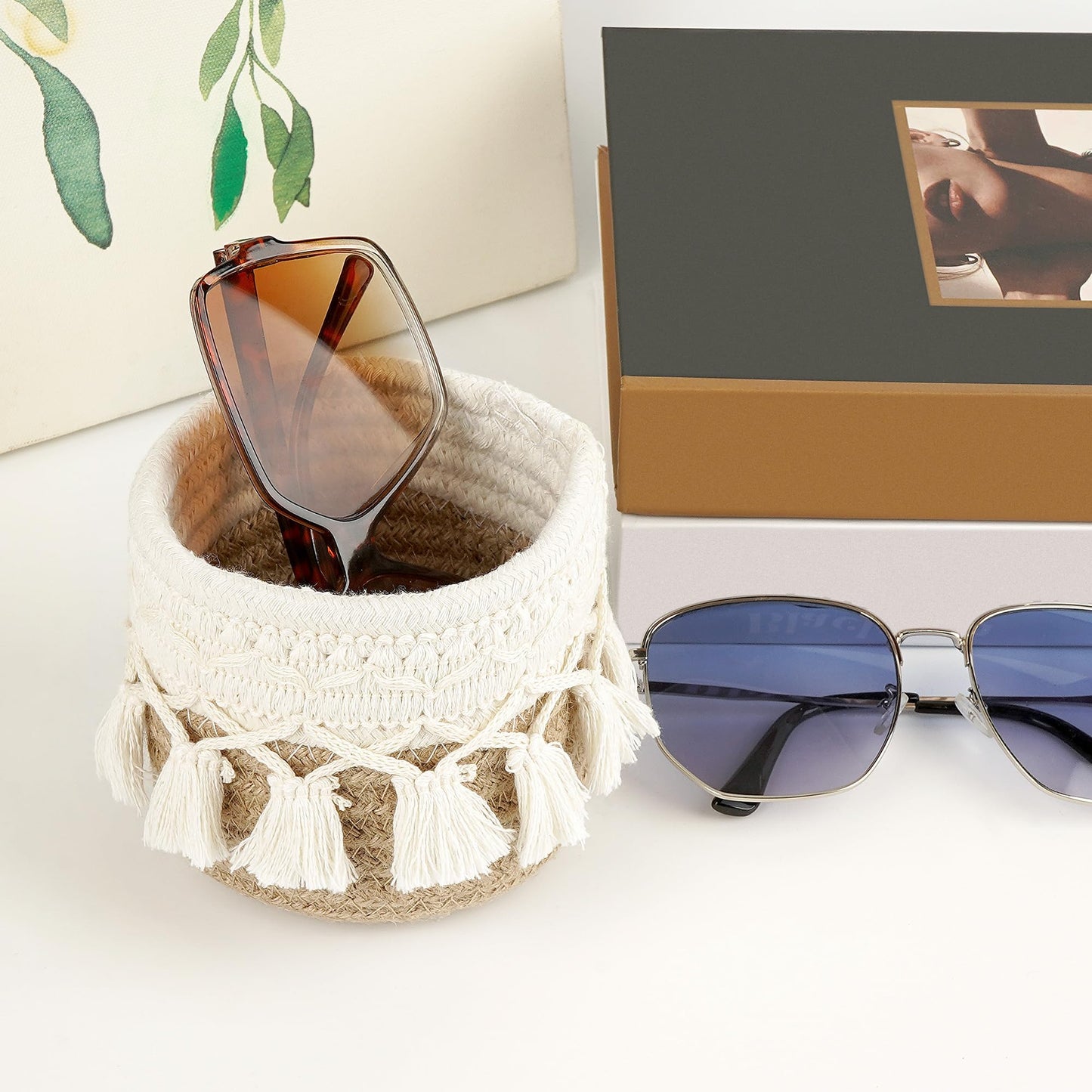 Linkidea Extra Large Sunglasses Desk Holder Stand Compatible with Extra Large Glasses, Brown Cotton Rope Eyewear Storage Desk Display Basket