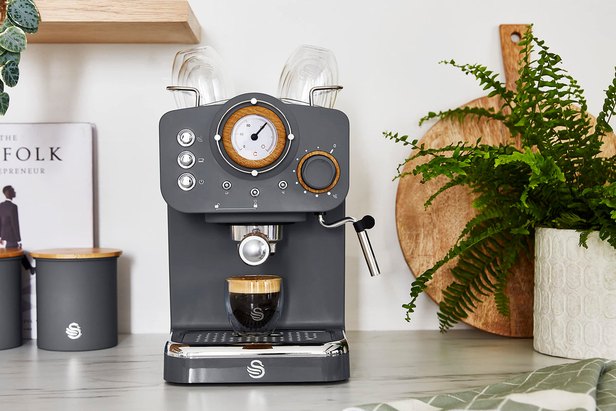 Swan SK22110GRYN Nordic Espresso Coffee Machine with Milk Frother, Steam Pressure Control, 1.2L Detachable Water Tank, 1100W, Nordic Slate Grey