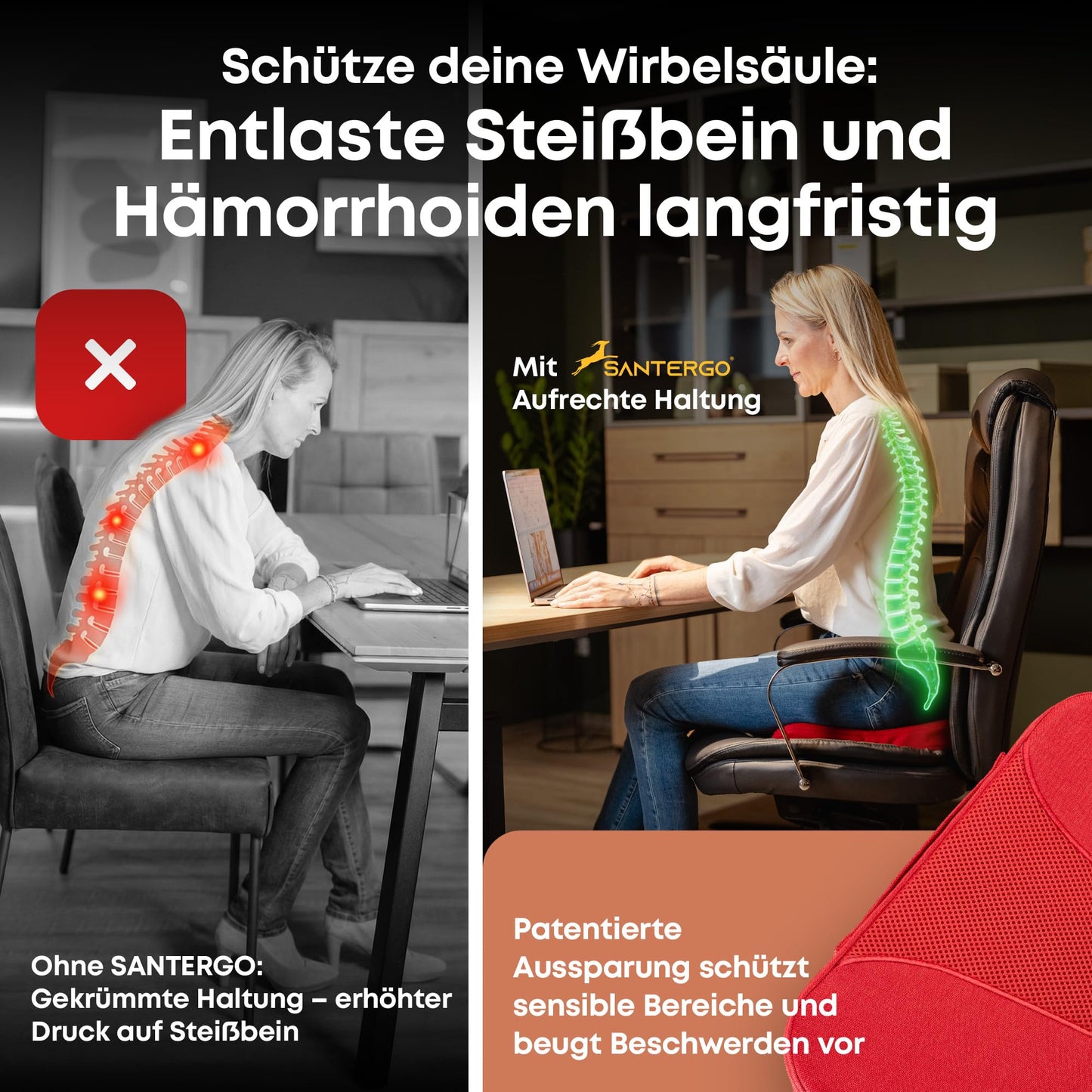 SANTERGO Ergonomic Seat Cushion Made of Moulded Foam [Patented & Dimensionally Stable] Chair Cushion Wedge Cushion Chair Office Chair Wheelchair Car