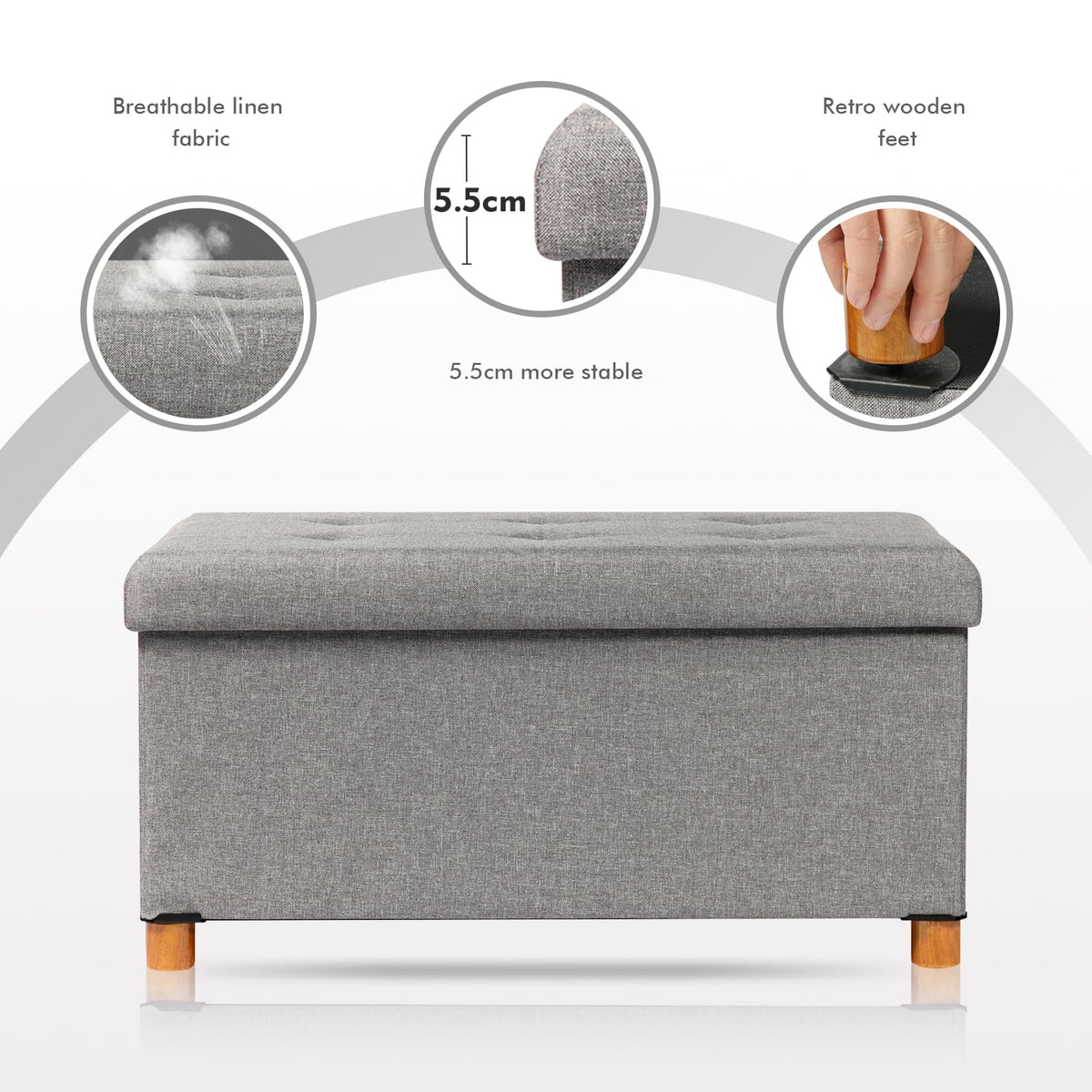 Bonlife Footstool for Living Room,Grey Ottoman Storage Box with Tray,Folding Ottoman Coffee Table with Storag,76x38x38cm