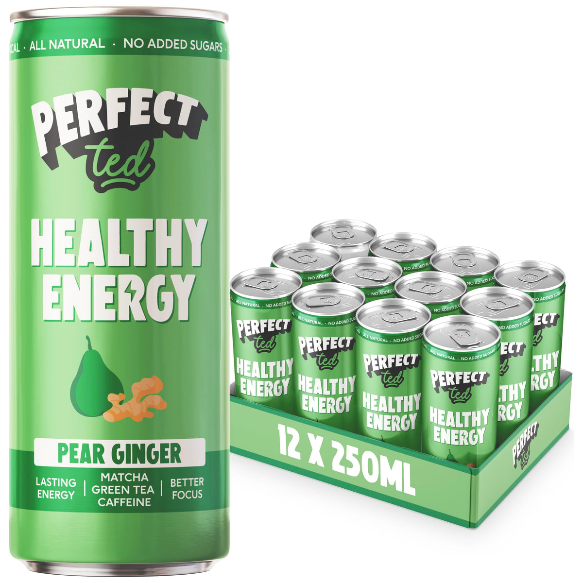 PerfectTed Pear Ginger Healthy Energy Drink, 12 x 250ml Cans, All-Natural Green Tea Caffeine (80mg) & L-Theanine | Low Calorie (30KCAL) | Vegan |