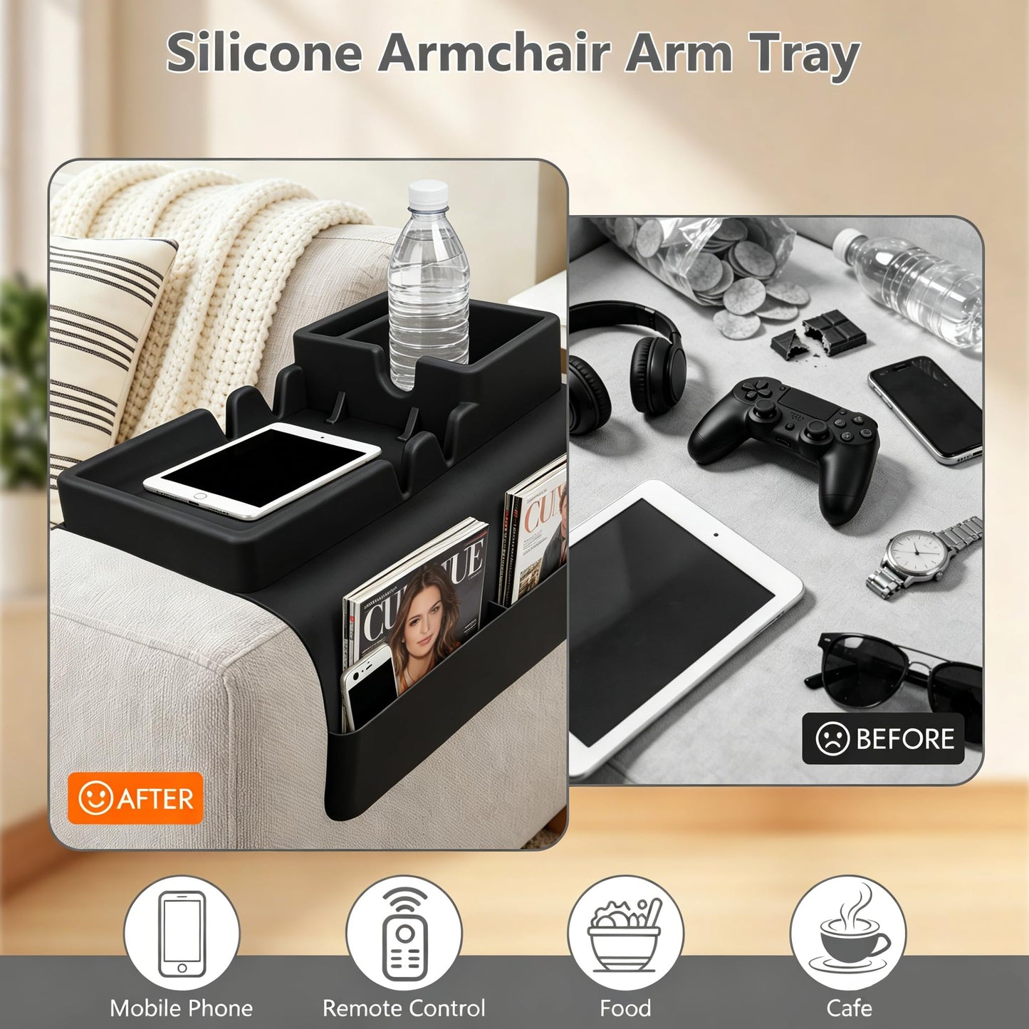 Silicone Sofa Arm Tray, Couch Cup Holder Tray, Sofa Armrest Organizer
