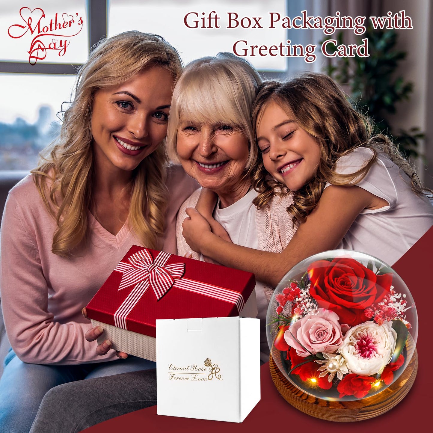 Gifts for Mother, Preserved Eternal Rose in Glass Dome, Real Flowers Gifts for Women, Forever Love Gifts for Mum Wife Girlfriend, Birthday for Her,