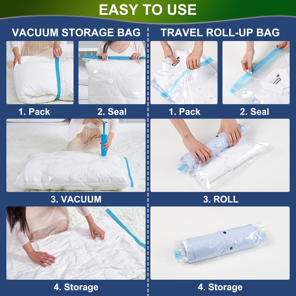 Oumaru Vacuum Storage Bags for Clothes, Vacuum Bags, Space Saver Bags for Clothes, Duvets and Pillows, Hand Pump Included, 10 Combos
