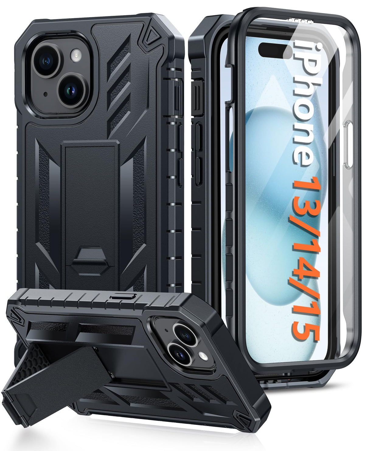 FNTCASE for iPhone 15/14/13 Case: Shockproof Military Grade Protective Cover with Kickstand - Dual Layer Matte Dropproof 6.1 Inch - Black