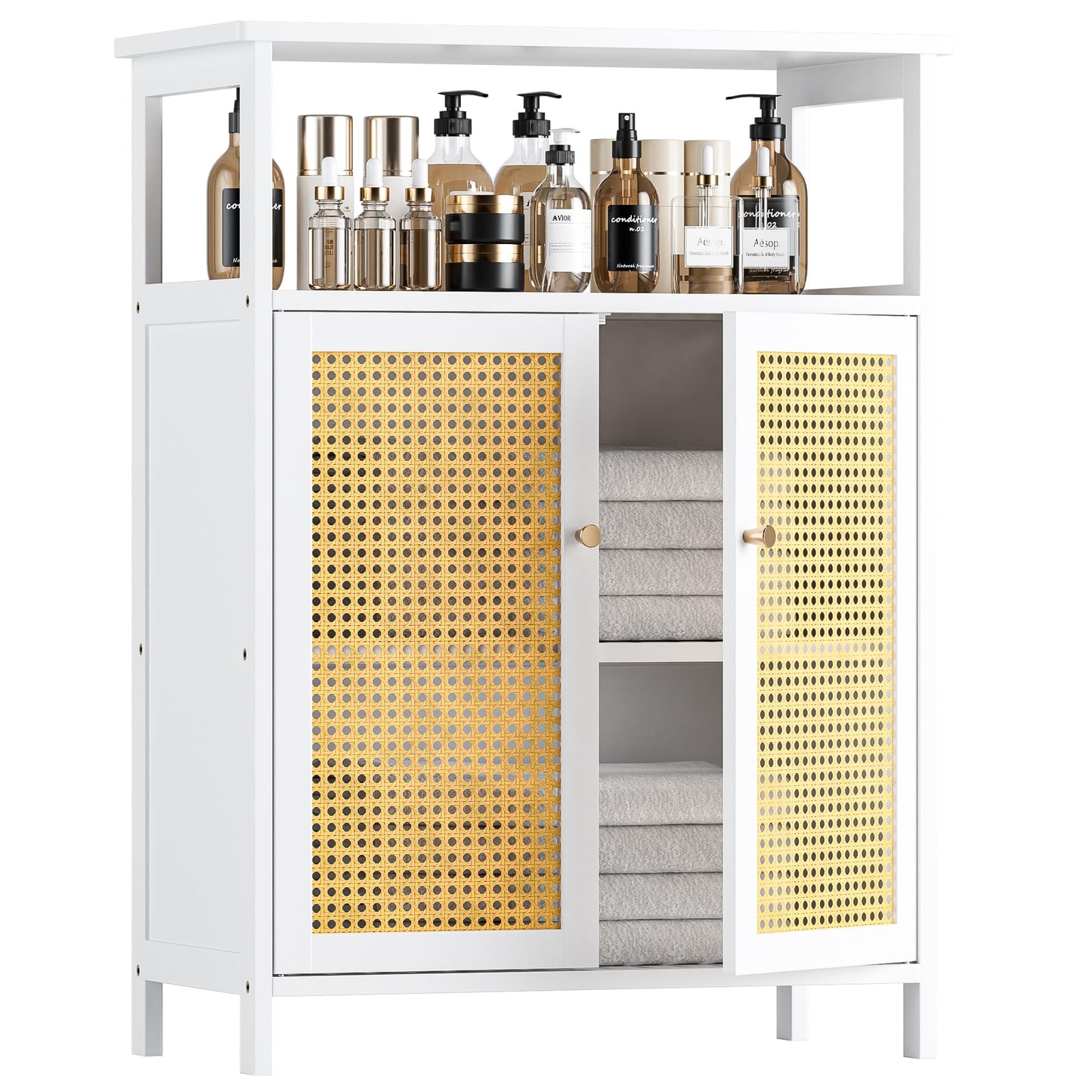 HITNET Bamboo Cabinet, Bathroom Storage Cabinet with Rattan Doors, Freestanding Floor Cupboard for Living Room, Hallway, Entryway, White