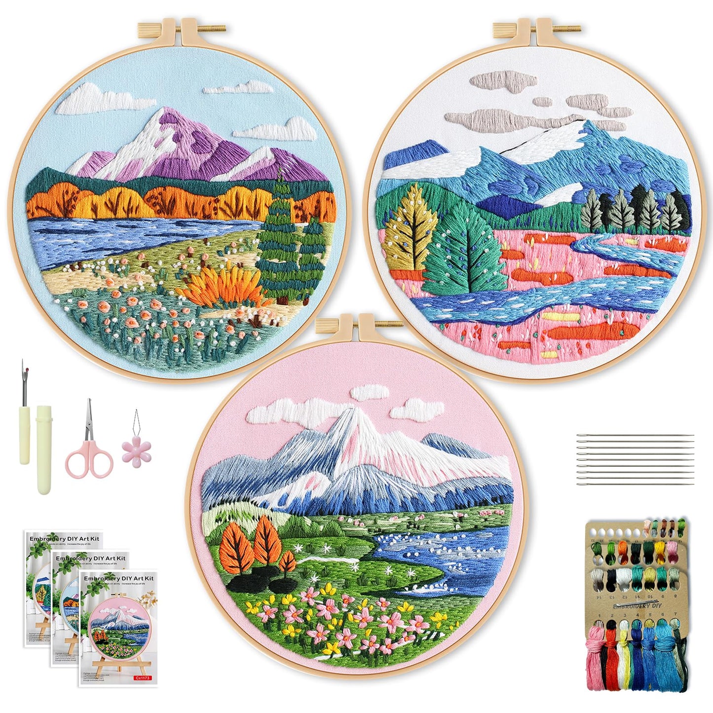 WIVLAX 3 Pack Embroidery Kit for Adults Beginners, DIY Mountain Landscape Pattern Stitch Craft Set with Hoop, Thread & Needles, Hand Embroidery