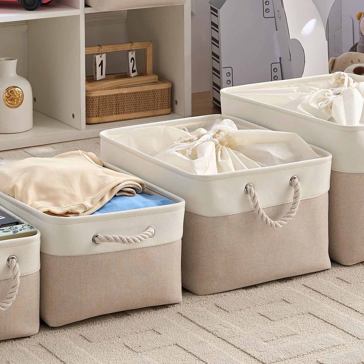 Mangata Small Storage Box, Thickened Fabric Storage Basket with Handles for Shelves Toy (S, 4 Pack)