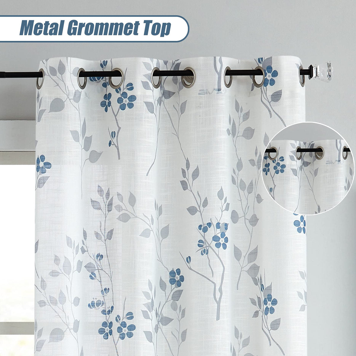 Beauoop Blue Grey Semi Sheer Floral Curtains for Living Room 90 Drop Linen Textured Farmhouse Curtains for Bedroom Leaf Printed Eyelet Rustic Drapes