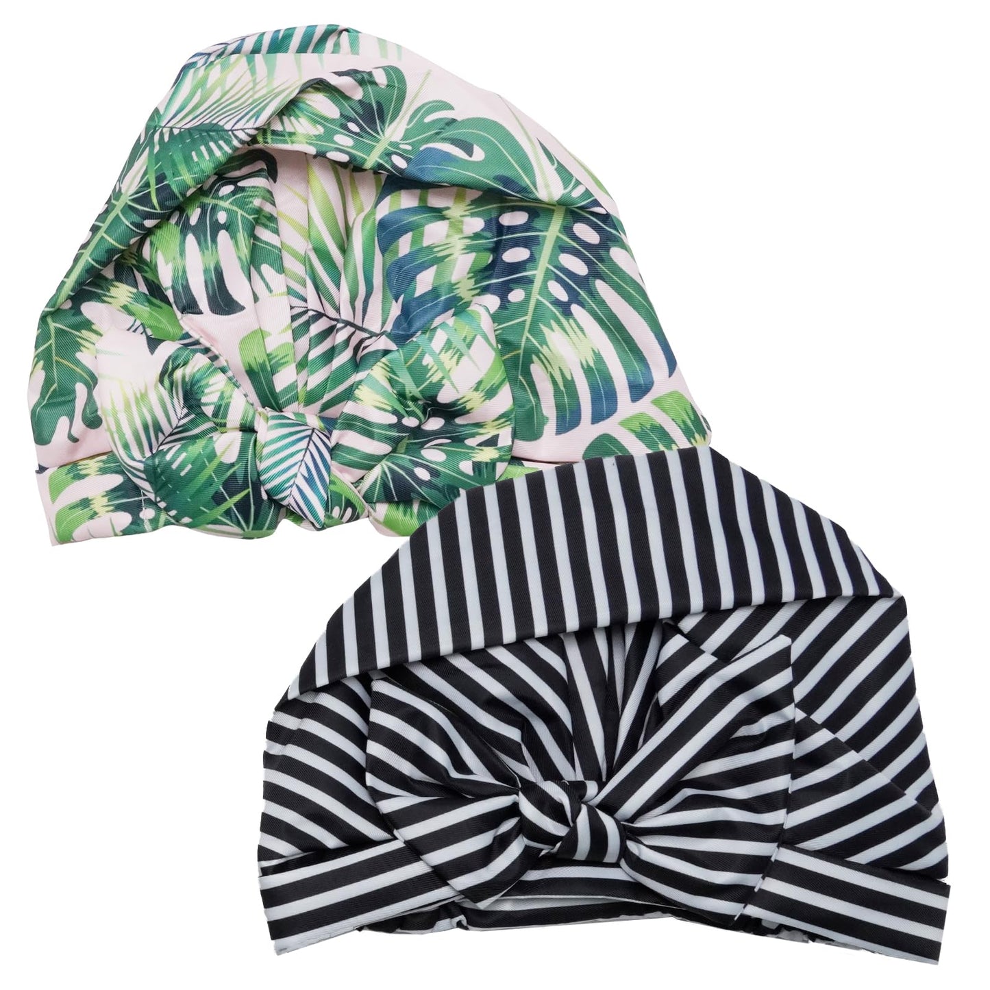 JUUDDENPARTS 2Pcs Stripe and Palm Leaves Shower Caps for Women, Adjustable Elastic Hem Shower Bath Caps, Waterproof and Reusable for Short Curly and